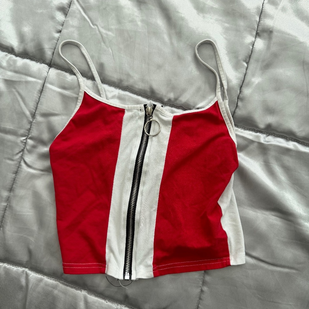 Red White Colorblock Zip-Front Crop Top | Small | Y2K Cami